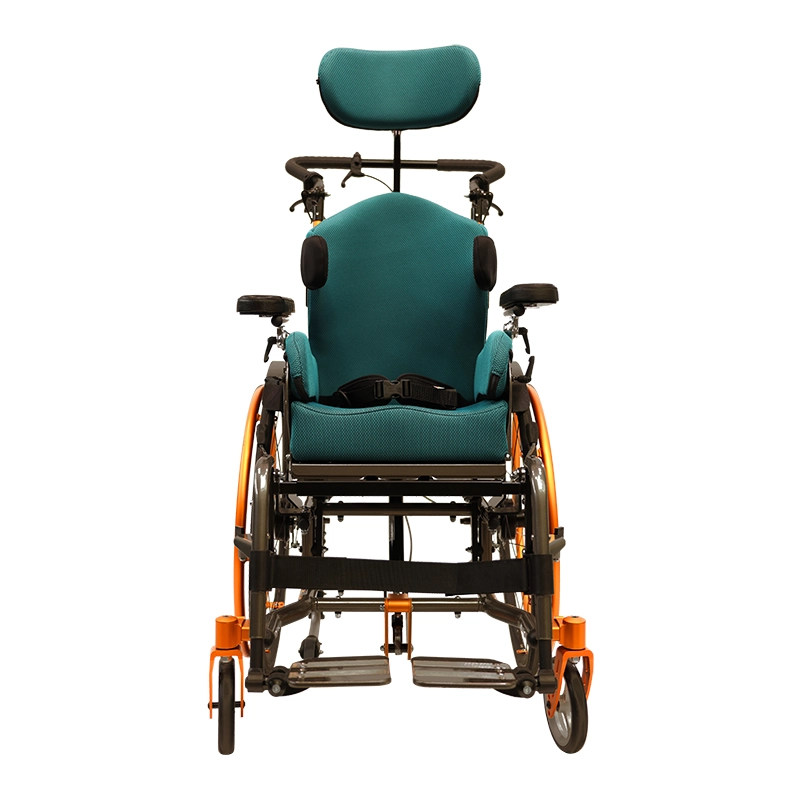 Kantelrollstuhl-LoopRS-titangrau-petrol-orange-frontal