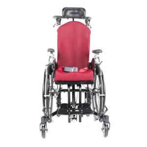 Kantelrollstuhl Loop RS mit Kopfstütze und Schiebebügel, Farbe schwarz und bordeauxrot, Vorderansicht