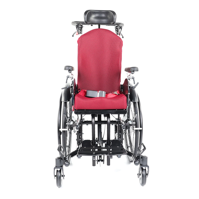 Kantelrollstuhl-LoopRS-schwarz-bordeauxrot-2 Kantelrollstuhl Loop RS mit Kopfstütze und Schiebebügel, Farbe schwarz und bordeauxrot, Vorderansicht