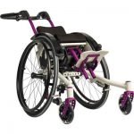 Tiltable children's wheelchair in white and purple